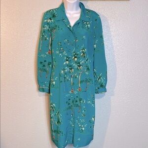 VNTG Leslie Fay Green Long Sleeve Notched Collar Button Down Midi Dress